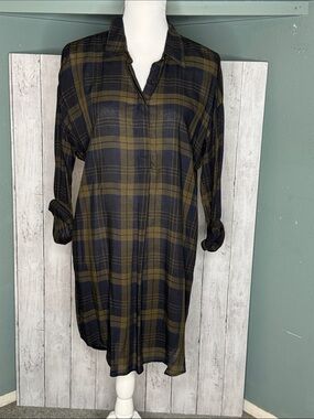 dip Plaid Long Sleeve Shirt Dress - Olive & Black